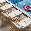 Wooden Poolside Lounge Chairs With Side Tables And Magazine Near Swimming Pool