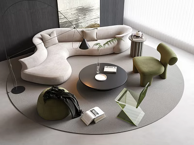 Modern Curved Cream Sofa And Black Round Coffee Table Set With Green Accent Chair 3d model