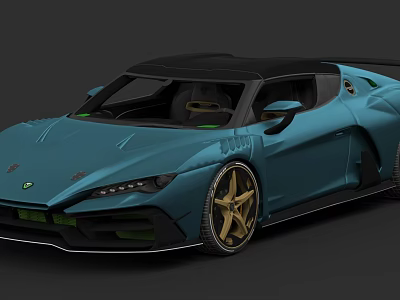 Blue Sleek Sports Car With Black Roof Gold Wheels And Modern Design 3d model