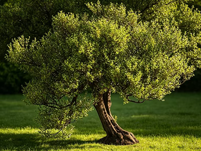 Lush Green Tree With Thick Trunk And Dense Foliage In Sunlit Lawn With Shadows 3d model