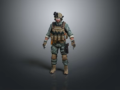 Military Game Movie Character In Camouflage Uniform With Tactical Vest Helmet And Gloves 3d model