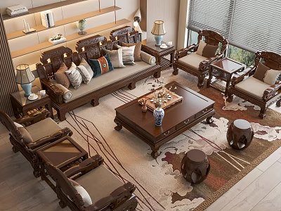 Chinese Style Dark Wood Sofa Coffee Table Set With Decorative Pillows And Area Rug 3d model