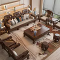 Chinese Style Dark Wood Sofa Coffee Table Set With Decorative Pillows And Area Rug
