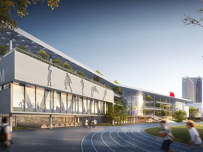 Modern School Building Featuring Running Track Green Roof Glass Walls And Active Students 3d model