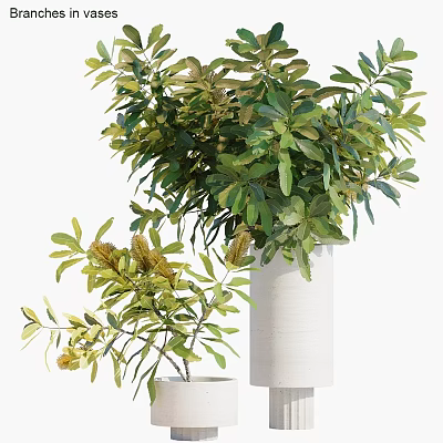 Elegant Decorative Ornament Set With Green Foliage White Vase And Yellow Flowers 3d model