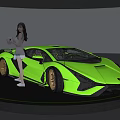 Green Lamborghini Sports Car with Female Model Holding Pink Ball on Black Circular Display Platform