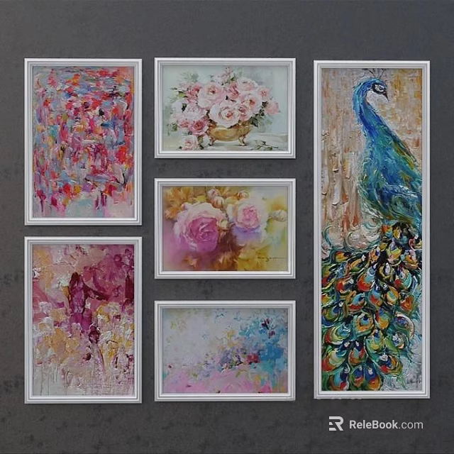 Vibrant Oil Paintings Featuring Peacock Floral And Abstract Artworks For Home Wall Decor 3d model 