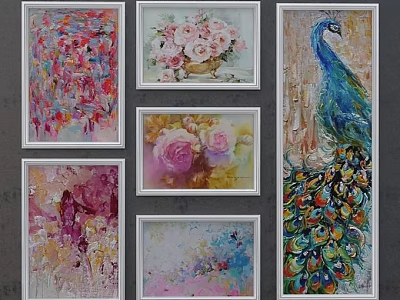 Vibrant Oil Paintings Featuring Peacock Floral And Abstract Artworks For Home Wall Decor 3d model