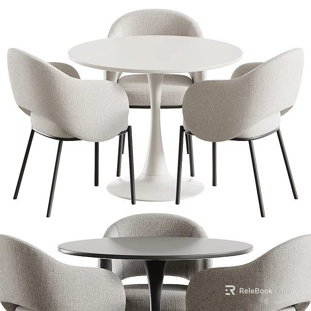 Modern Round Dining Table Set with Light Gray Chairs White Top and Black Metal Legs 3d model 