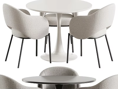Modern Round Dining Table Set with Light Gray Chairs White Top and Black Metal Legs 3d model