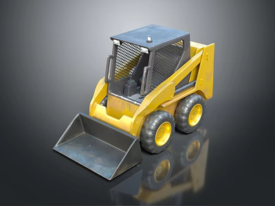 Yellow Skid Steer Loader with Black Cab Bucket Large Tires and Reflection on Black Background 3d model