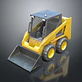 Yellow Skid Steer Loader with Black Cab Bucket Large Tires and Reflection on Black Background