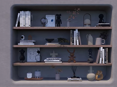 Stylish Wall Shelf Display With Books Decorative Figurines Vases And Ornaments 3d model