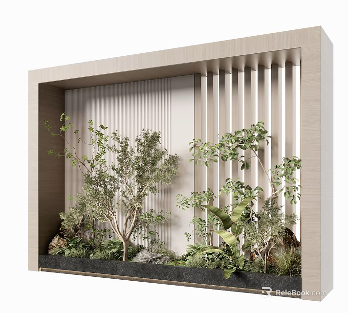 Indoor Bonsai Potted Plants Arrangement In Modern Frame With Vertical Slats And Natural Greenery 3d model 