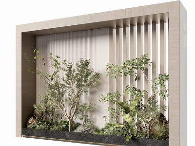 Indoor Bonsai Potted Plants Arrangement In Modern Frame With Vertical Slats And Natural Greenery 3d model