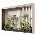 Indoor Bonsai Potted Plants Arrangement In Modern Frame With Vertical Slats And Natural Greenery