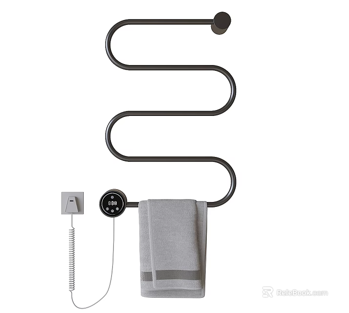 Black Wall Mounted Heated Towel Rail With Gray Towel And Control Switch 3d model