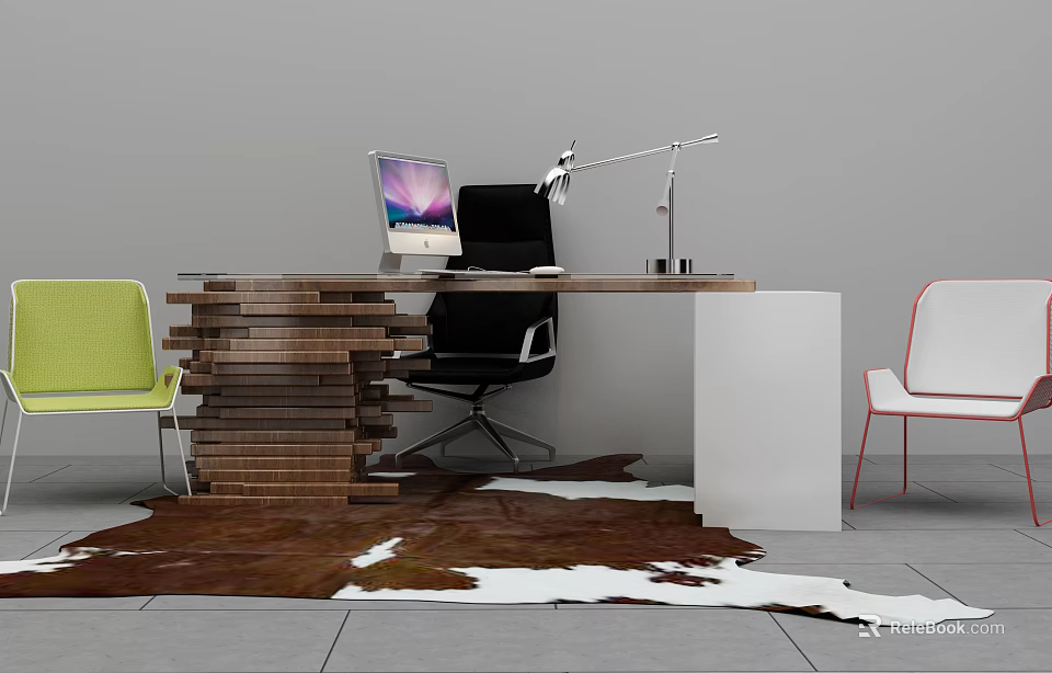 Modern Stacked Wooden Office Desk with iMac Lamp Green White Red Chairs and Cowhide Rug 3d model 