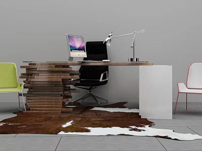 Modern Stacked Wooden Office Desk with iMac Lamp Green White Red Chairs and Cowhide Rug 3d model