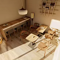 Cozy Modern Tea House Interior Design With Wooden Tables Chairs And Shelves