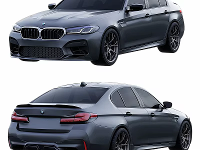 BMW M5 Sporty Gray Sedan With Front Grille Rear Spoiler And Alloy Wheels 3d model