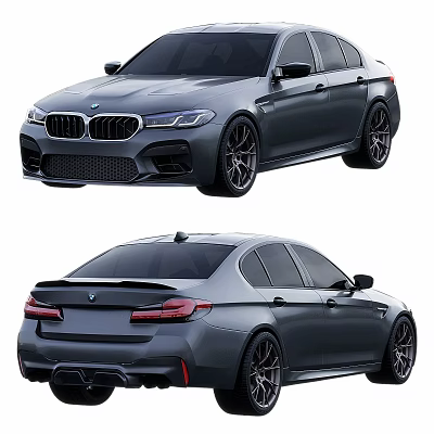 BMW M5 Sporty Gray Sedan With Front Grille Rear Spoiler And Alloy Wheels 3d model