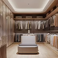 Modern Walk in Closet Interior With Wooden Cabinets Hanging Clothes And Central Vanity