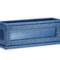 Blue Rectangular Flower Planter With Woven Texture And Yellow Geometric Patterns