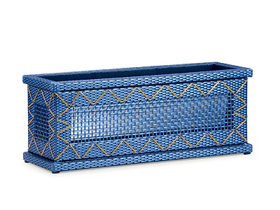 Blue Rectangular Flower Planter With Woven Texture And Yellow Geometric Patterns 3d model
