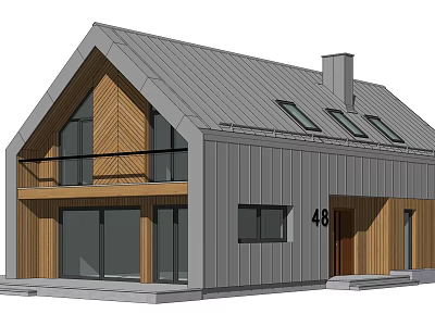 Modern Guesthouse Building Number 48 With Gray Roof Wooden Facade Glass Windows And Balcony 3d model