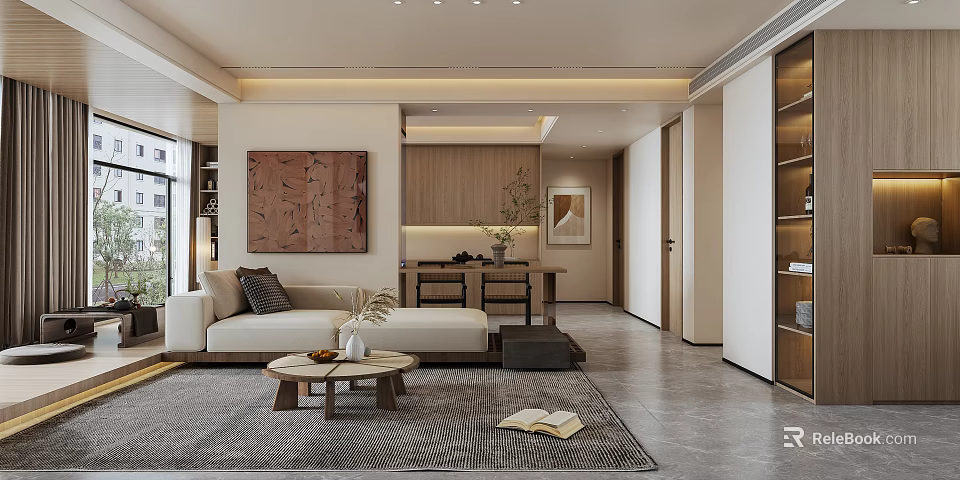 Modern Living and Dining Room Interior With Beige Sofa Wooden Coffee Table And Decorative Painting 3d model 