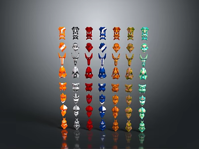 Colorful Animal Figurines in Various Colors Arranged in Columns as Decorative Pieces 3d model