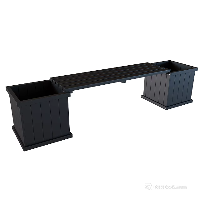 Black Slatted Outdoor Bench With Two Planter Boxes For Garden Decoration 3d model 
