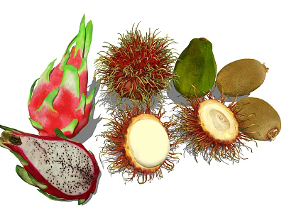 Fresh Exotic Tropical Fruits Dragon Fruit Rambutan Kiwi Sliced With White Flesh And Seeds 3d model