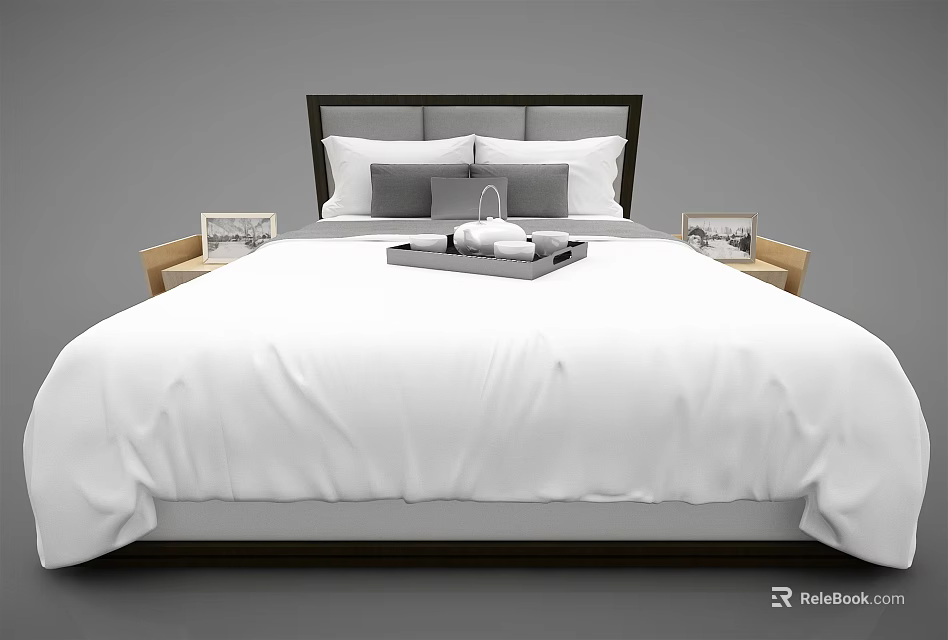 Elegant Double Bed With White Sheets Gray Pillows Dark Headboard And Wooden Bedside Tables 3d model 