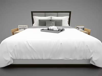 Elegant Double Bed With White Sheets Gray Pillows Dark Headboard And Wooden Bedside Tables 3d model