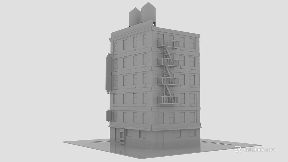 Detailed Cartoon Scene of Urban Multi Story Building With Fire Escape and Windows 3d model 