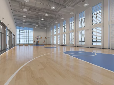 Spacious Basketball Gym Featuring Wooden Floor Blue Court Large Windows and Ceiling Lights 3d model