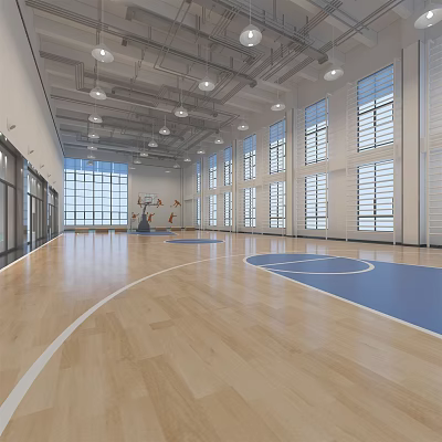 Spacious Basketball Gym Featuring Wooden Floor Blue Court Large Windows and Ceiling Lights 3d model