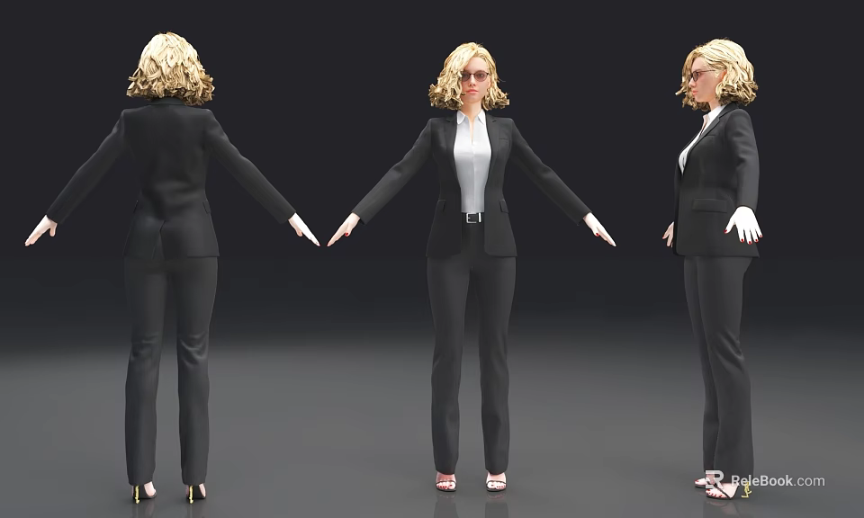 Woman in Black Business Suit Three Angles with White Shirt Blonde Hair Glasses High Heels 3d model 