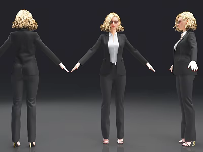 Woman in Black Business Suit Three Angles with White Shirt Blonde Hair Glasses High Heels 3d model