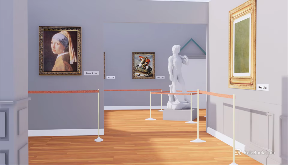 Art Gallery Interior Featuring Framed Paintings And White Marble Sculpture 3d model 