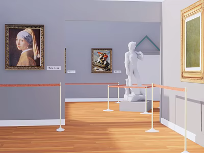 Art Gallery Interior Featuring Framed Paintings And White Marble Sculpture 3d model