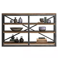 Industrial Style Metal Frame Wooden Shelf with Vases Bowls Books and Decorative Item Collection