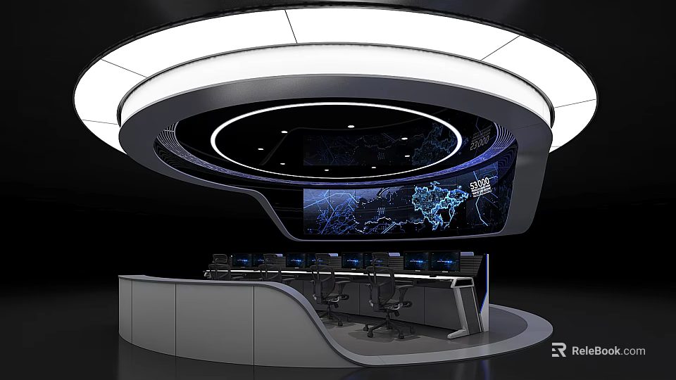 Modern Control Room Interior With Curved Console Multiple Digital Displays World Map And Circular Lighting 3d model 