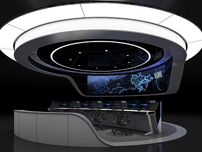 Modern Control Room Interior With Curved Console Multiple Digital Displays World Map And Circular Lighting 3d model