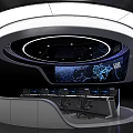 Modern Control Room Interior With Curved Console Multiple Digital Displays World Map And Circular Lighting