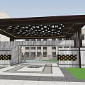 Modern Commercial Street With Metal Pergola Greenery Water Feature And Walkway