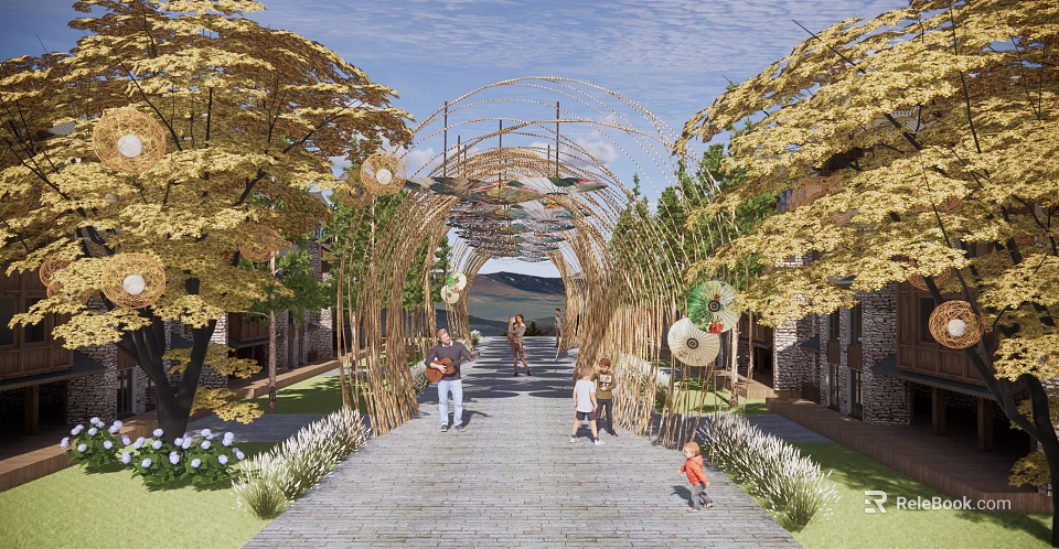 Bamboo Pergola Arched Structure With Golden Trees Surrounding Outdoor Area And People Walking Through 3d model 