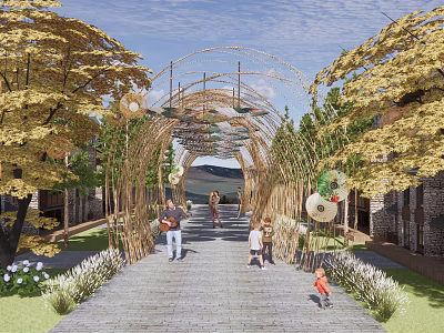 Bamboo Pergola Arched Structure With Golden Trees Surrounding Outdoor Area And People Walking Through 3d model